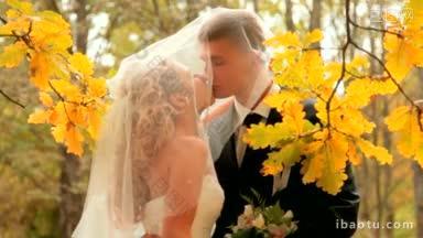 新娘和新郎在秋天的公园里接吻